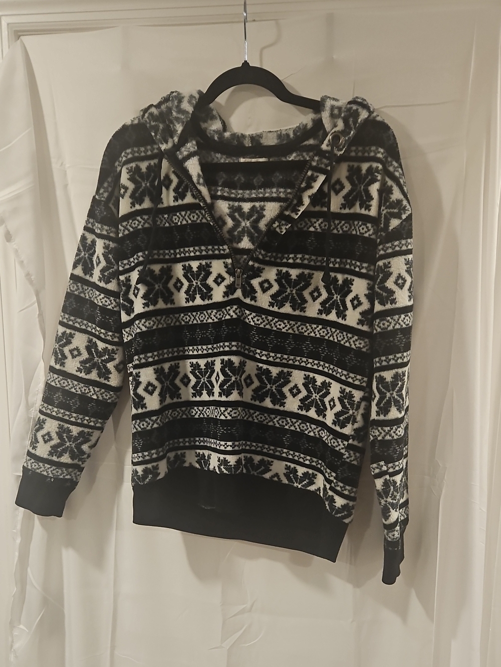 Maurices Black and White Fair Isle Hooded Pullover Sweater